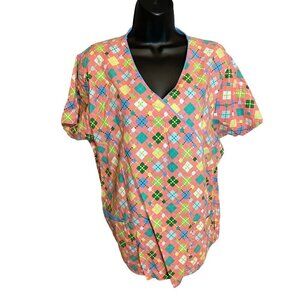 Dickies Orange Argyle Pullover V-Neck Short Sleeved Scrub Smock Sz L